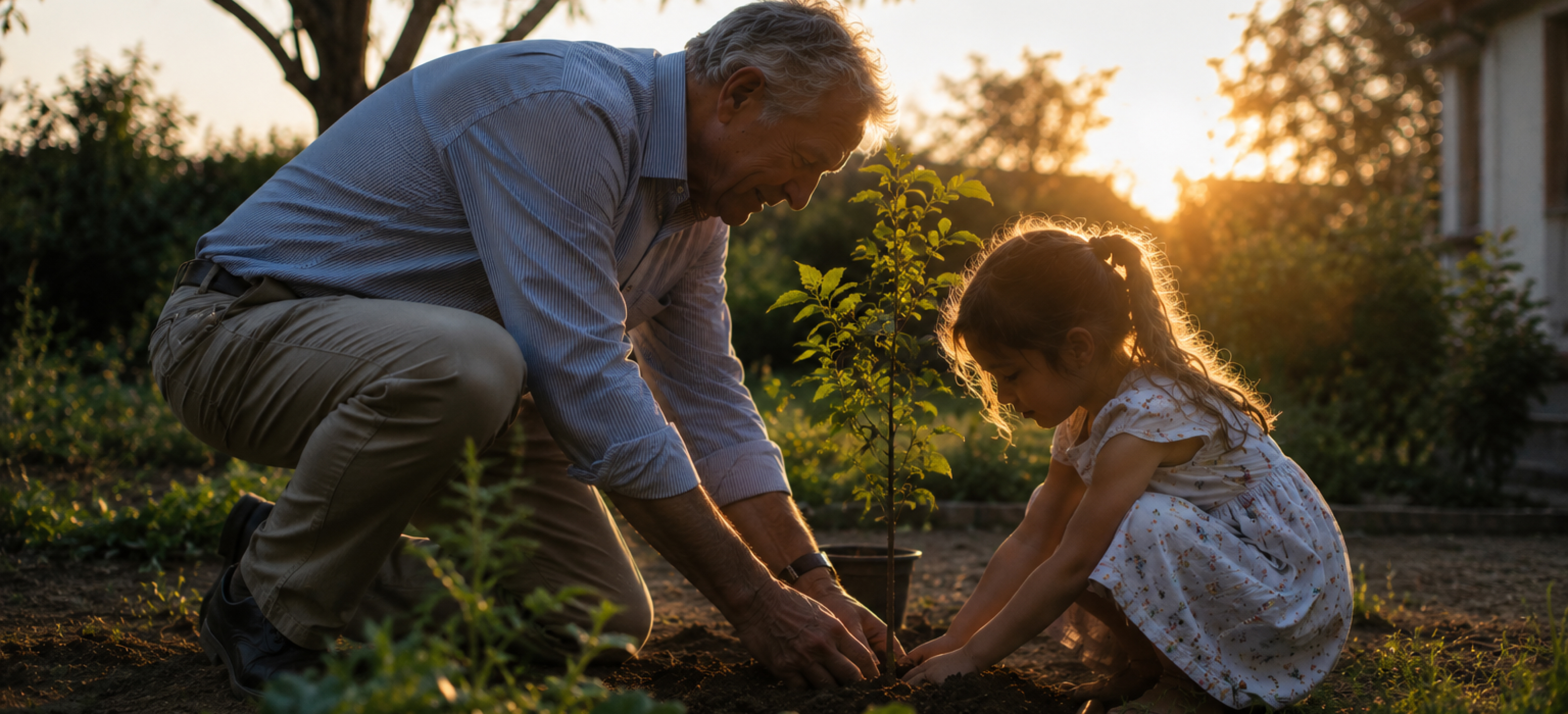 Grandfather and granddaughter planting a tree together at sunset